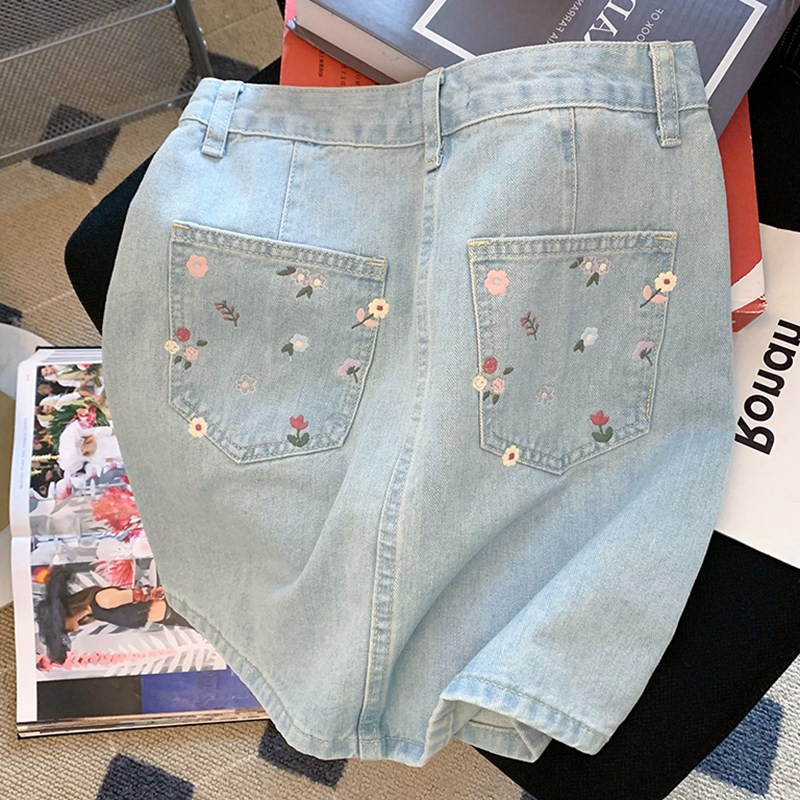 Japanese Style Floral Embroidered Denim Skirt Women's Summer 2022 New Style Retro High Waist Slimming Sheath A- Line Skirt