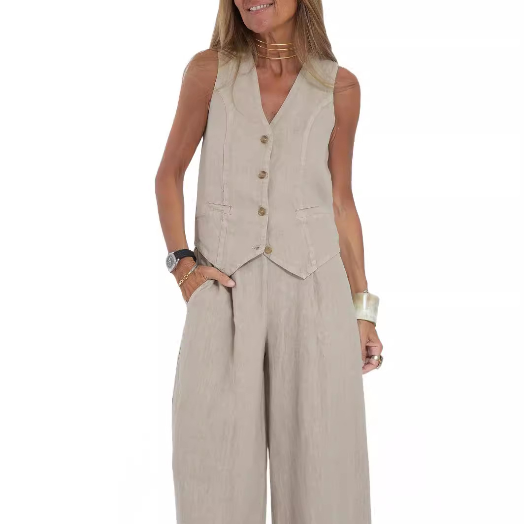 2024 European and American Cross-border Hot Selling New Fashion Vest Trousers Collage Stitching Cotton and Linen Casual Suit