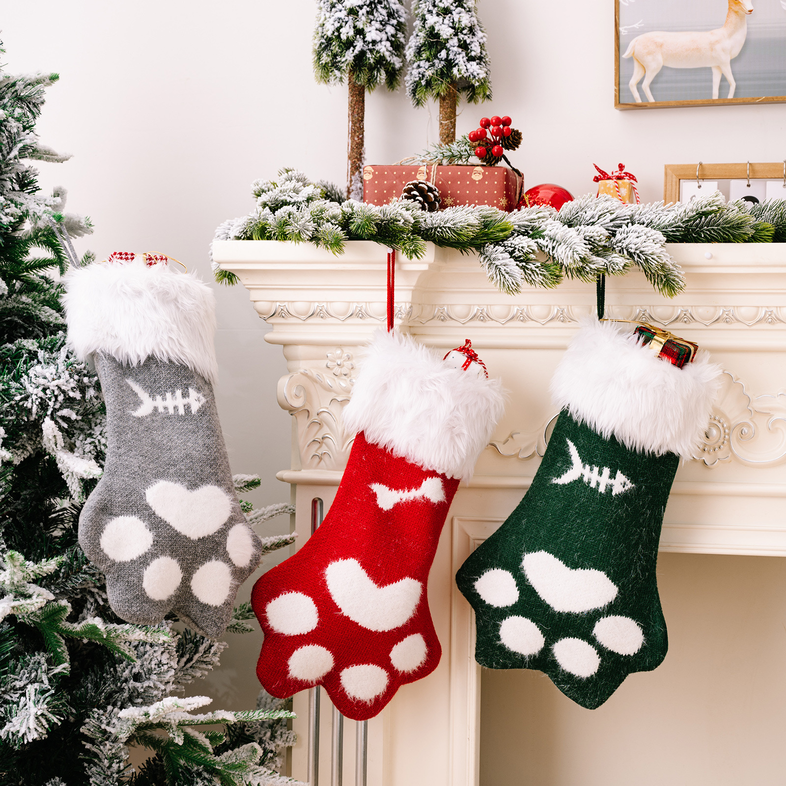 Noel süsleri peluş kedi pençesi Noel çorapları çocuk hediye çorapları Noel tatili atmosferi dekorasyonu_voghion.com