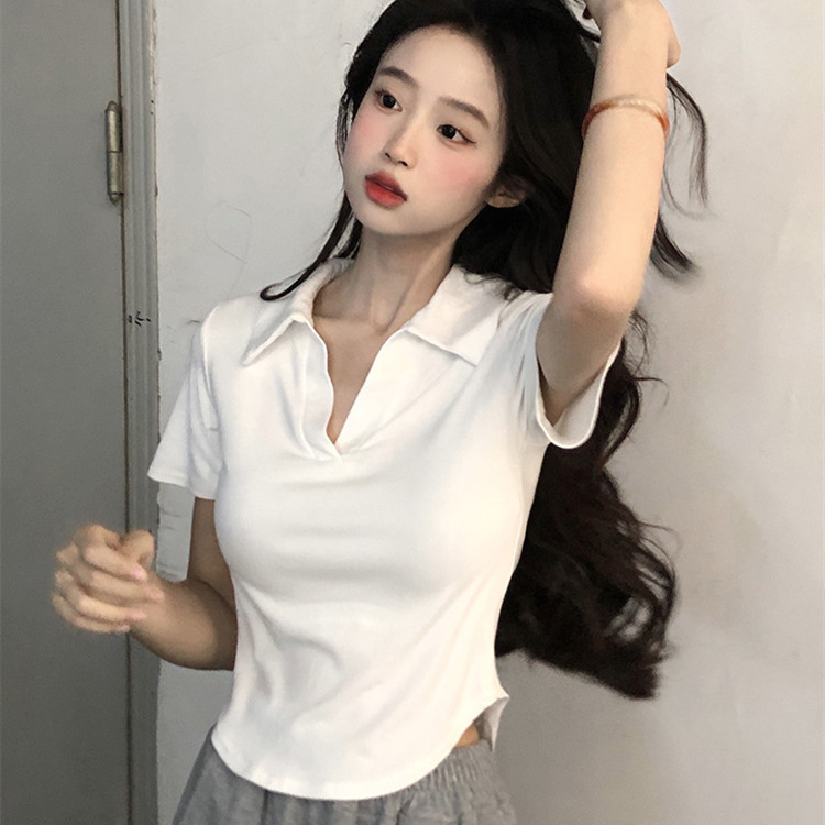 Short-sleeved T-shirt Women's Short Shoulder Tight T-shirt Summer Niche Design Sense American Style Vintage Hot Girl Top Clothes polo Sugiyama