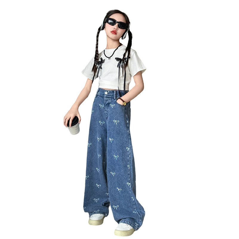 Women's Large Children's Summer Pants 2024 New Arrival Elastoelastic Waist Jeans Bow Printed Wide Leg Pants Fashionable Western Style