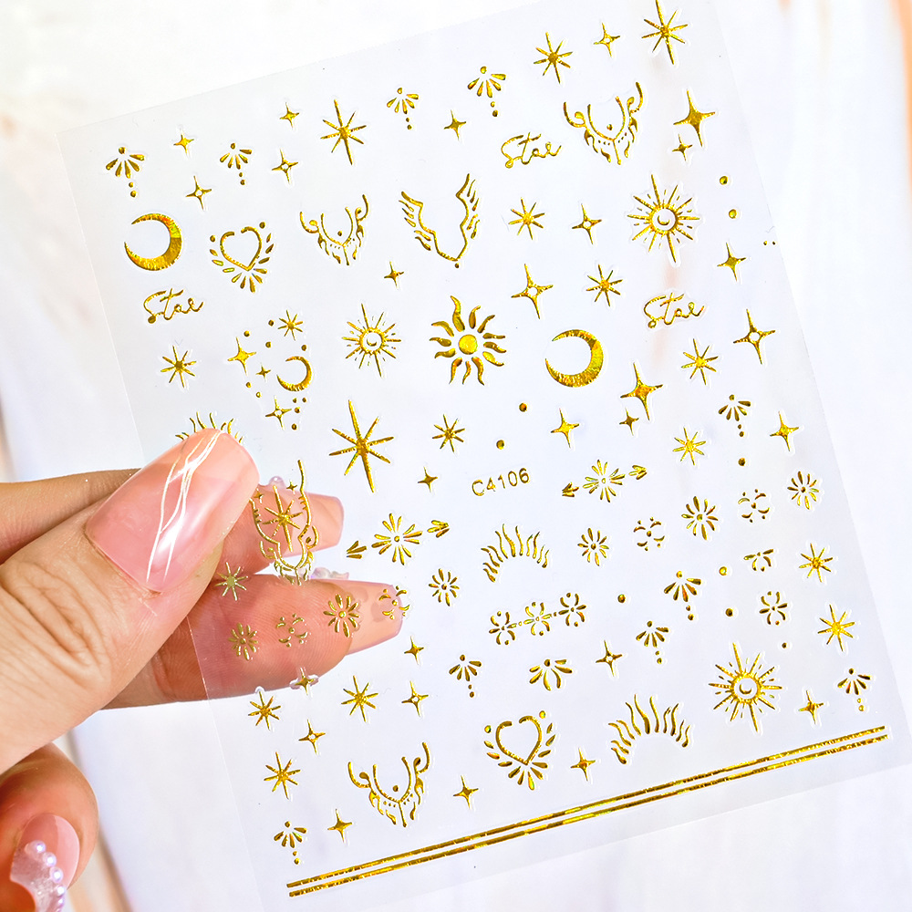Cross-border hot sale laser Starry Sky nail stickers 3D adhesive moon four Awn star mix and match hot girl nail decorative stickers