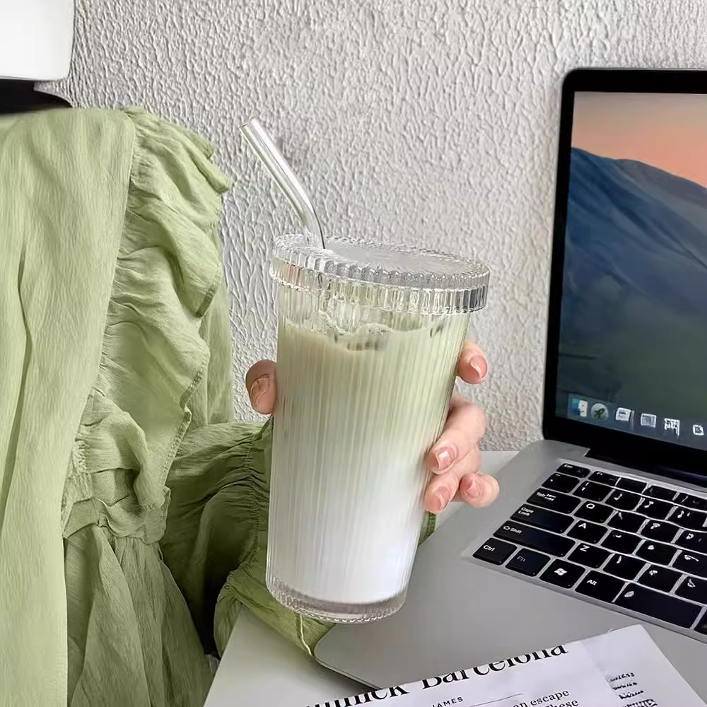 Vertical pattern coffee cup ins style household simple straw glass cup with lid face value milk tea latte cup drinking cup