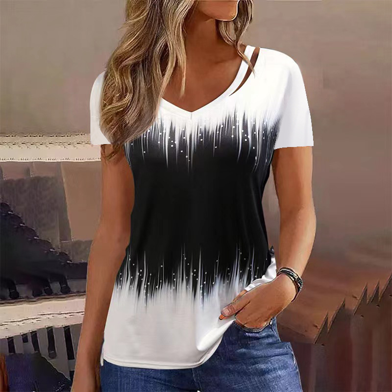 European and American clothing  summer Amazon cross-border best-selling plaid printed short-sleeved hollow V-neck T-shirt for women