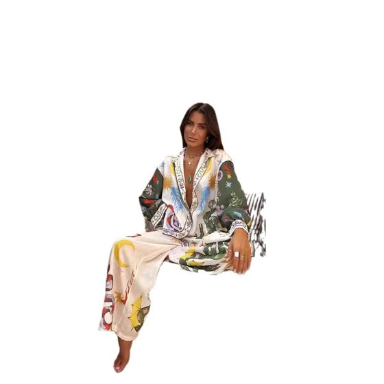 Europe and the United States cross-border 2025 new independent station AliExpress fashion personality printed Macaron linen long sleeve shirt suit