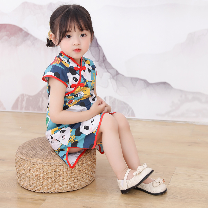 Tang suit ethnic cheongsam spring and summer dress children's Hanfu improved children's clothing children's princess dress short sleeve children's dress