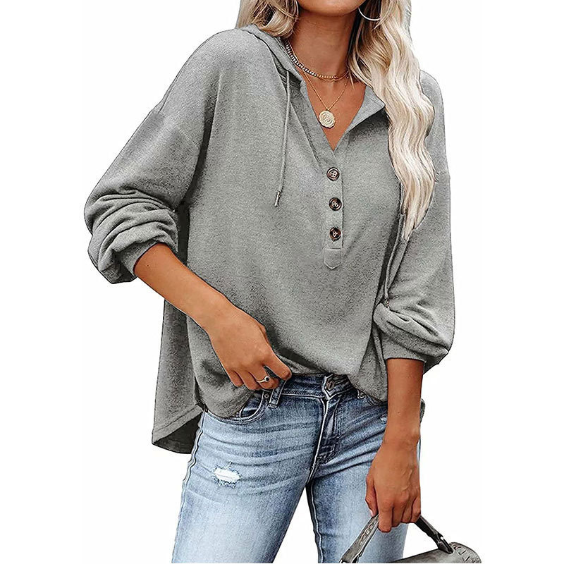 Amazon  European and American hoodie pullover sweatshirt loose V-neck long sleeve buttoned bat sleeve sports hoodie