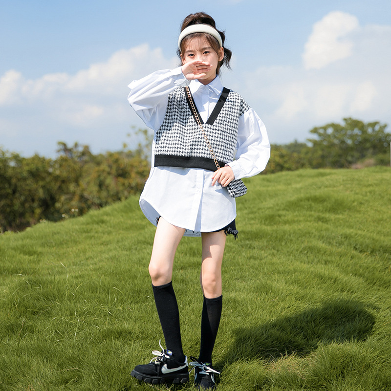 秋季女童衛衣假兩件時尚洋氣長袖格子背心襯衫2024年春秋季中大童