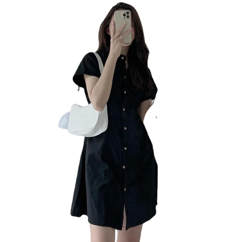 South Korea chic summer simple elegant lapel single-breasted waist slimming short sleeve shirt small dress