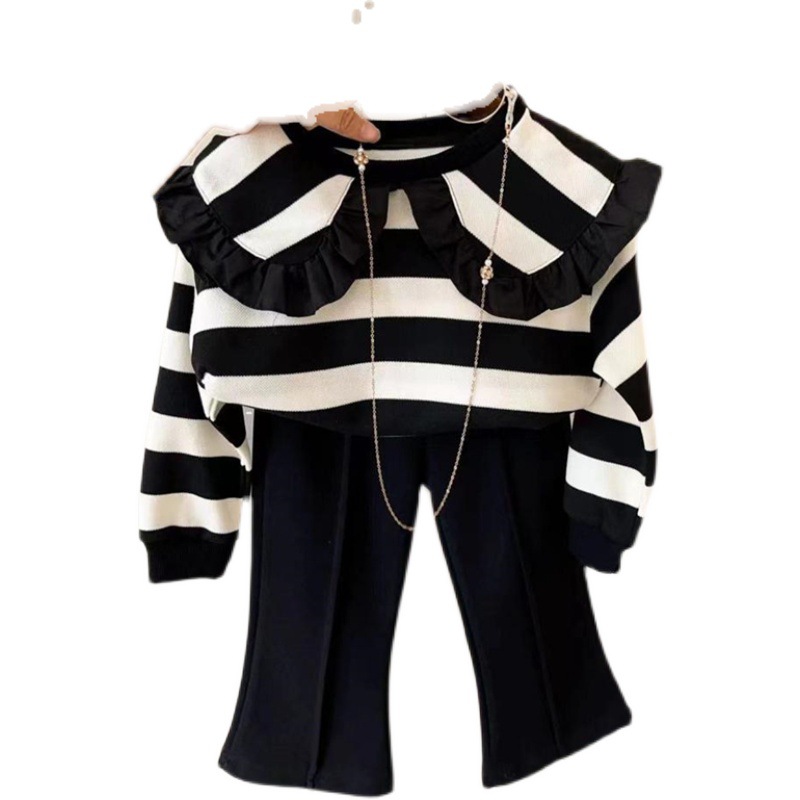 Girls' Autumn Wear Lapel Top Set 2023 New Internet Popular Children's Striped Sweatshirt Flared Pants Baby Two-Piece Set