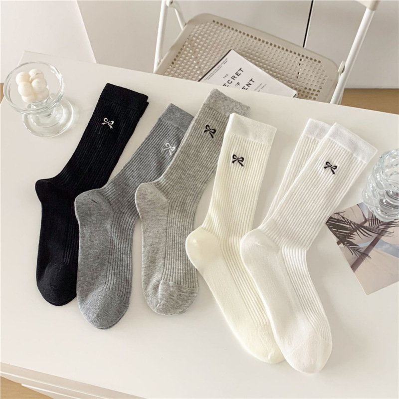 Ins bowknot ultra-thin style women's mid-calf solid color breathable mesh socks college style women's puffy socks