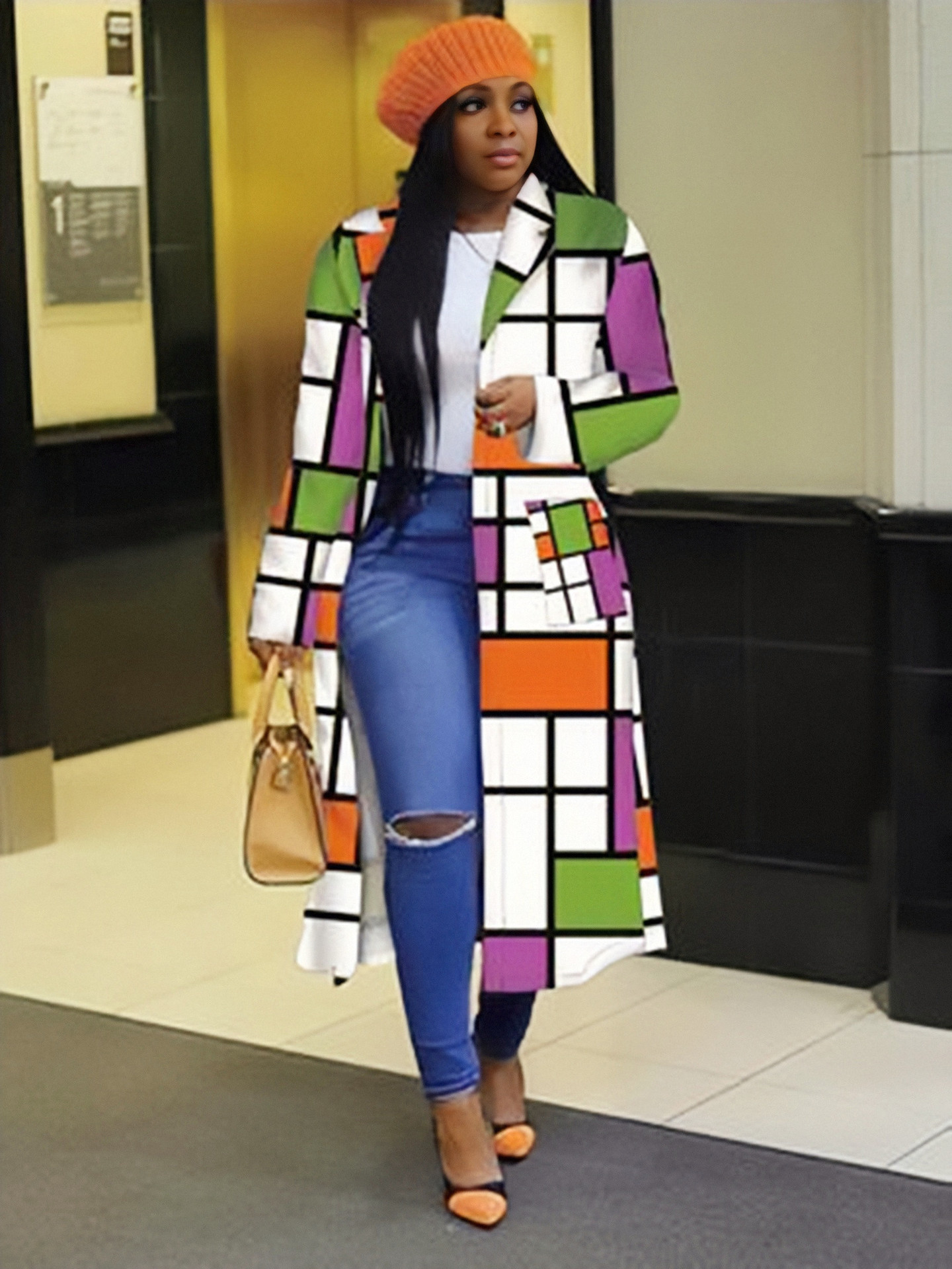 Autumn and winter New trench coat cross-border European and American plus size plaid printed double-breasted lapel coat coat women's coat_voghion.com