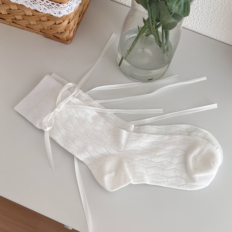ballet style strap bow jk socks women's tube socks summer thin mesh solid color boneless pile socks cotton