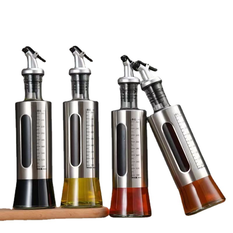 Graduated Glass Oil Bottle Oil Pot Stainless Steel Vinegar Bottle Wine Bottle Household Large Capacity Pot Kitchen Oil Control Pot