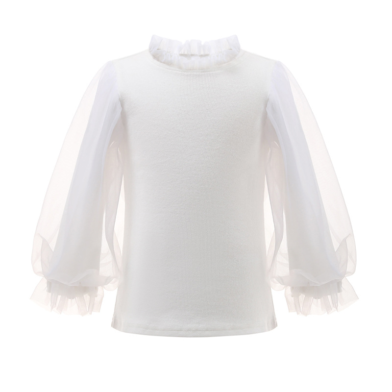 Bubble Sleeve Cotton White Base Shirt Autumn and Winter Sweater Women's Children's Wear Baby's Western Style Children's Long Sleeve Half High Collar