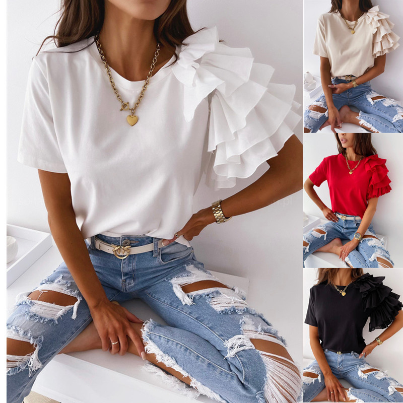 2021 AliExpress wish Amazon Explosions Summer Simple Fashion Ruffled Short-sleeved Round Neck Women's T-shirt