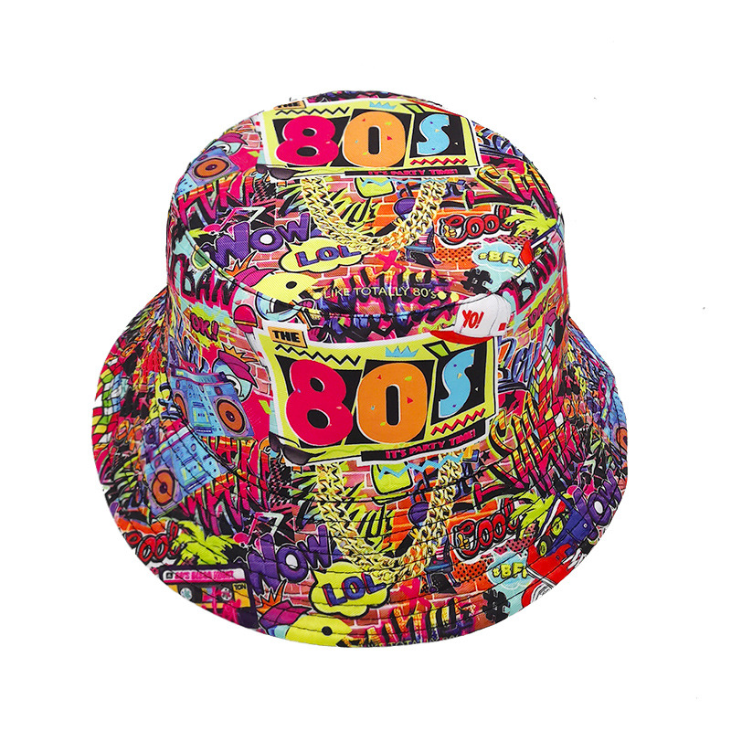 Chapeau de pêcheur à motif de ruban adhésif rétro nostalgique européen et américain des années 80 et 90 pour femme, chapeau de protection solaire d'extérieur double face pour printemps et été_voghion.com