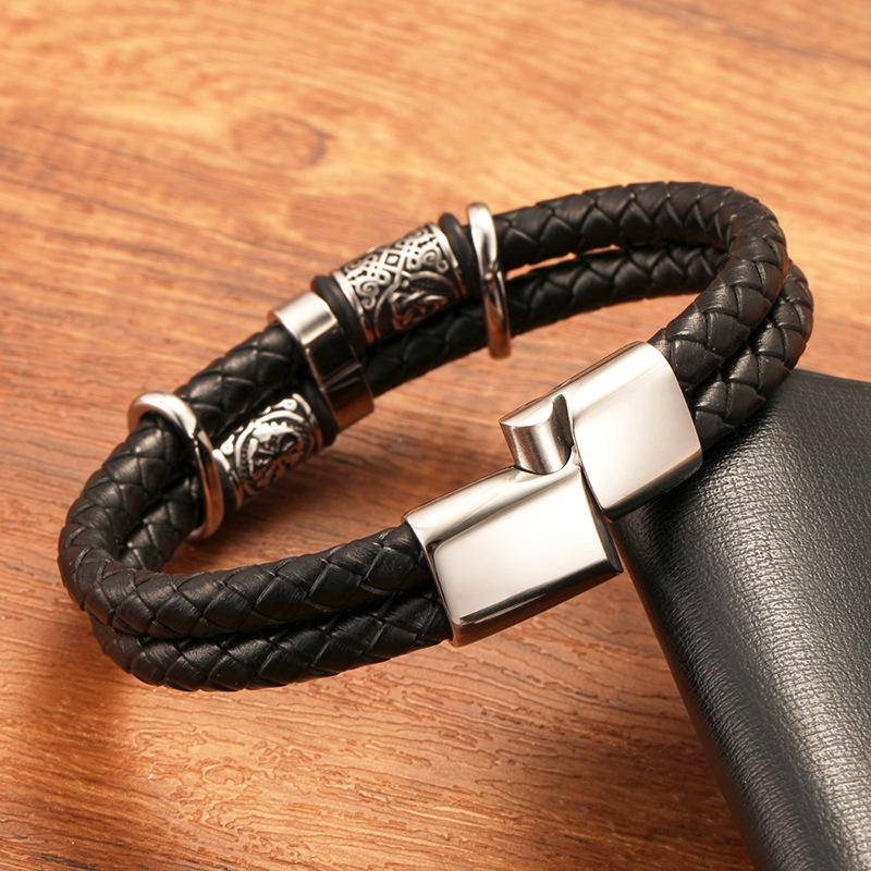 New Cross-border Explosions Handmade Black Leather Stainless Steel Nordic Viking Double Beaded Men's Fashionable Bracelet