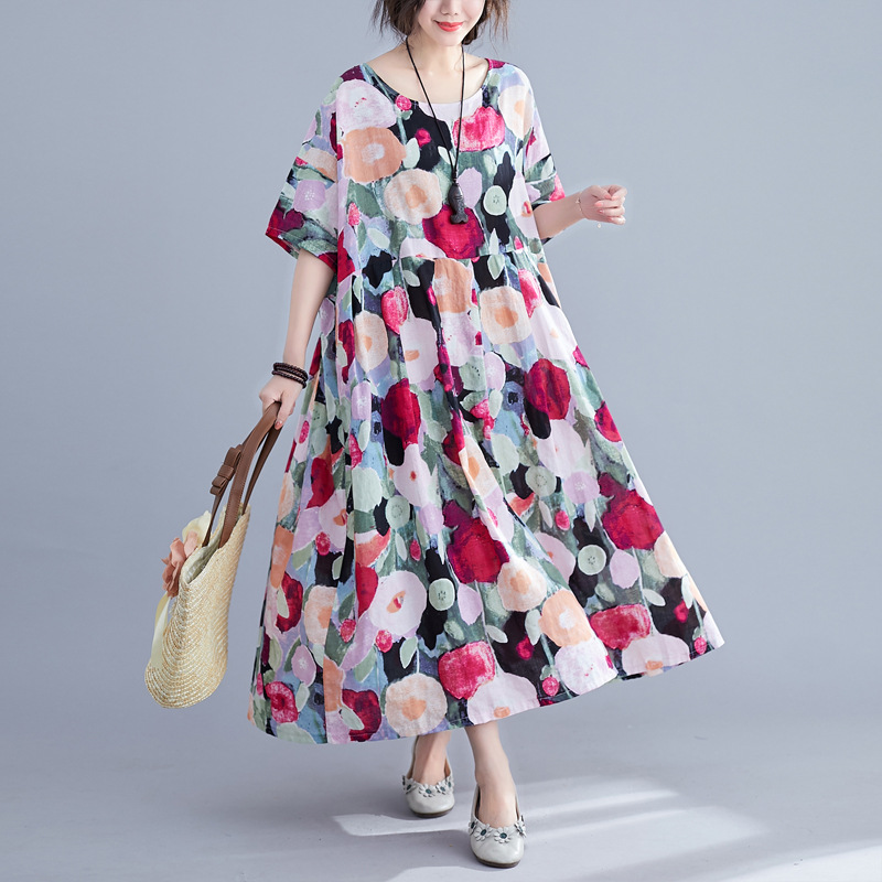 Actual shot of  new summer style literary and artistic large size fat MM loose slimming printed stitching large swing breathable dress for women