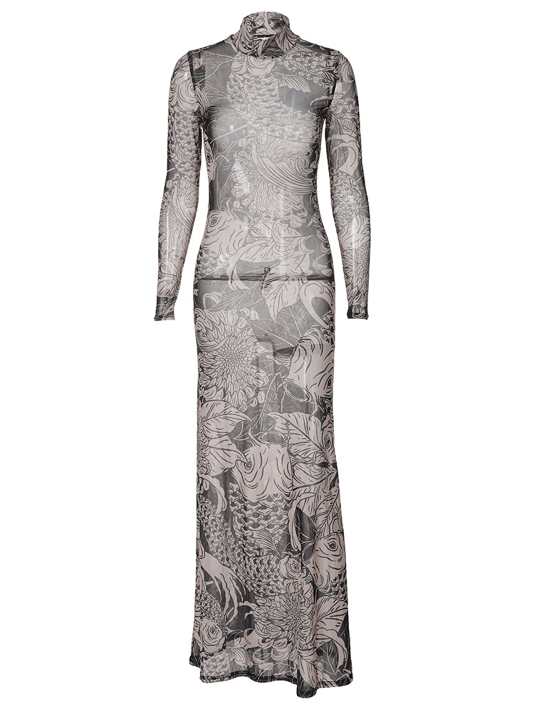 European and American cross-border women's clothing 2023 Winter new fashion mesh printed perspective turtleneck slim fit slimming dress women