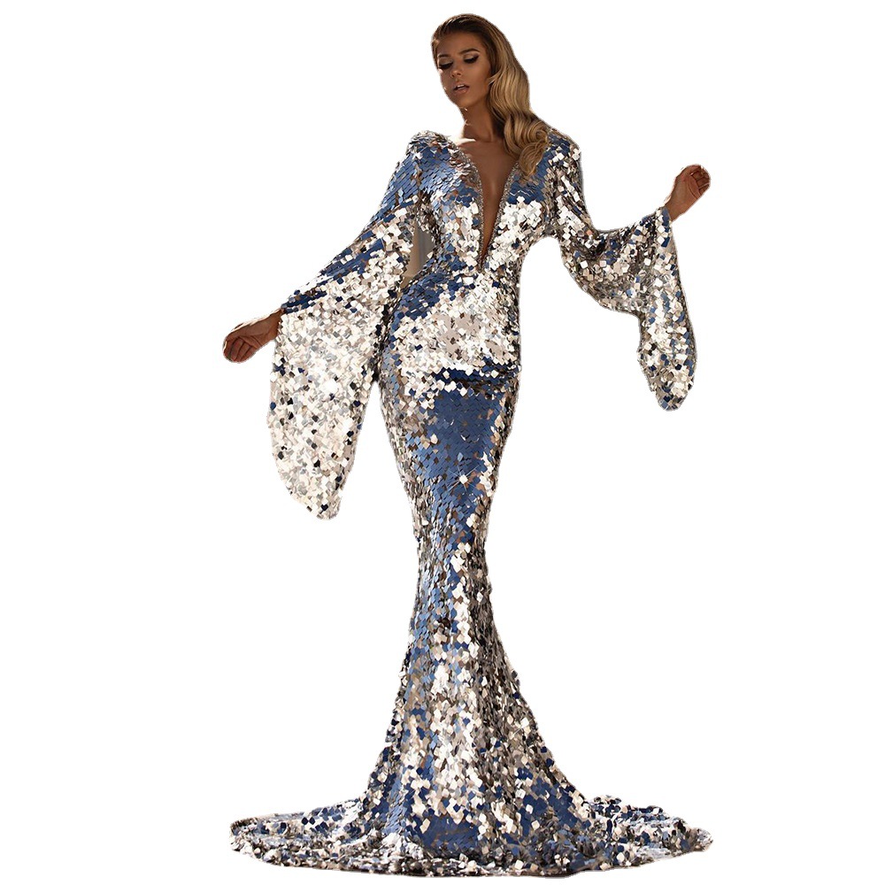 2024 Cross-border Spring New European and American Women's Sexy Sequin Dress Silver Banquet Dress Hip Evening Dress