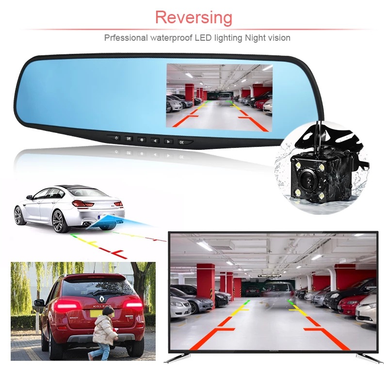 Înregistrator auto cu oglindă retrovizoare, lentilă dublă, monitorizare auto de 4,19 inch, 1080P, înregistrare dublă față și spate_voghion.com