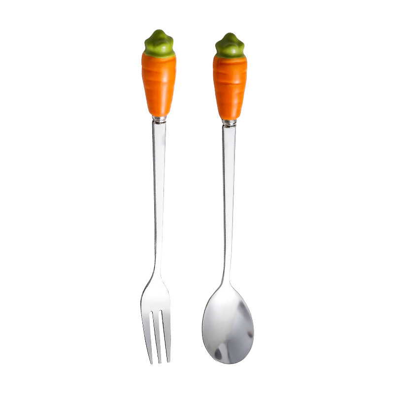 Creative personality ceramic handle small fork cartoon stainless steel fruit fork snack moon cake fork stainless steel coffee spoon