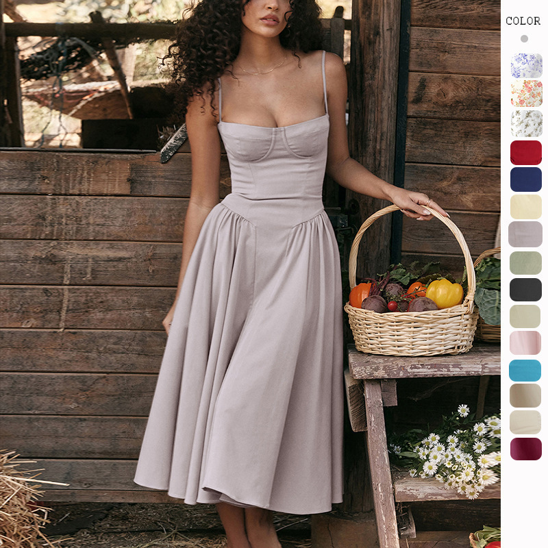 Summer Amazon Skirt New Arrival French Style Retro Long Skirt Palace Style Dopamine Wear with Sling for dress Women