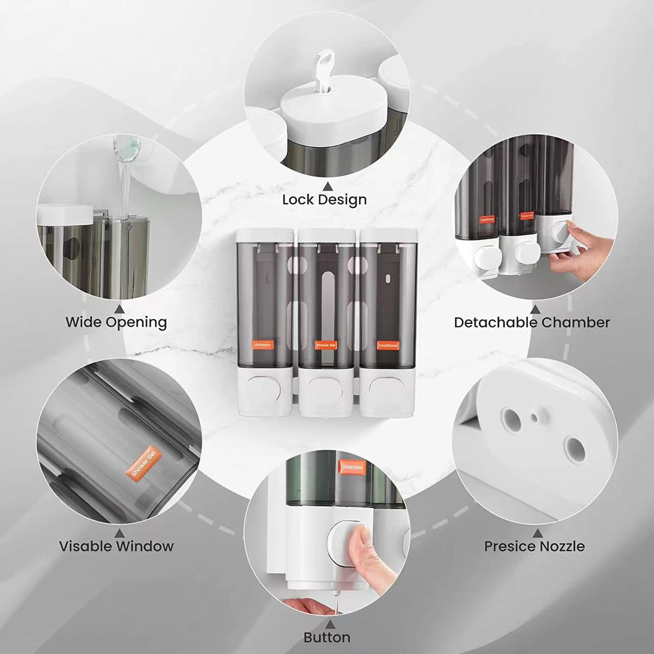 Hotel punch-free wall-mounted three-head soap dispenser household bathroom hand washing bath hair care Press pressing liquid bottle soap dispenser