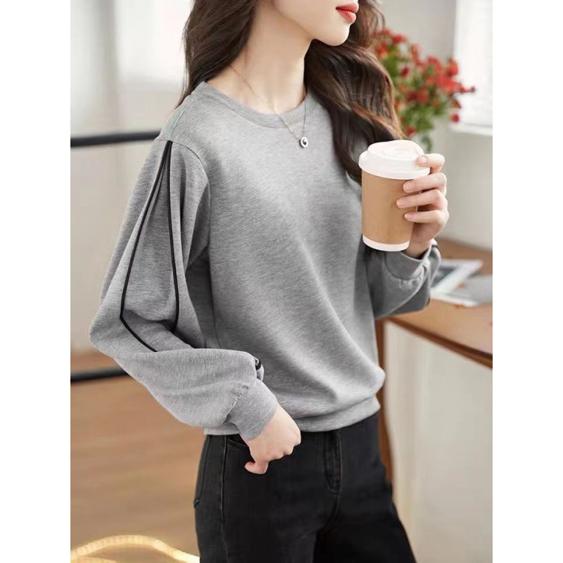 Plus size simple texture sweater women's loose 2022 autumn new contrast color stitching long sleeve all-match T-shirt top