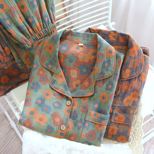 Vintage Printed Pajamas Women's Spring and Autumn Yarn-dyed Pure Cotton Gauze Double-layer Thin Loose Long-sleeved Home Suit