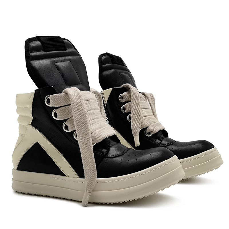 rricowees Spring European and American Fashion Ankle Boots Cowhide High-top Inverted Triangle Black and White Personalized Thick Sole Height Increasing Men's Shoes
