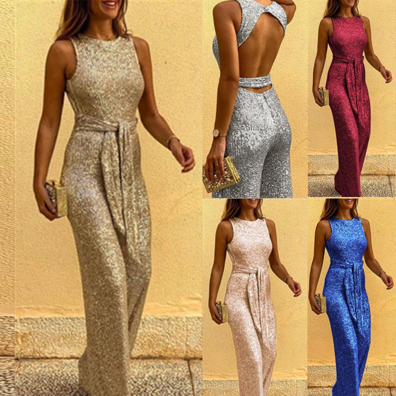 2023 cross-border wish European and American ebay Amazon crew neck sleeveless sequin Silver Point jumpsuit foreign trade women's clothing