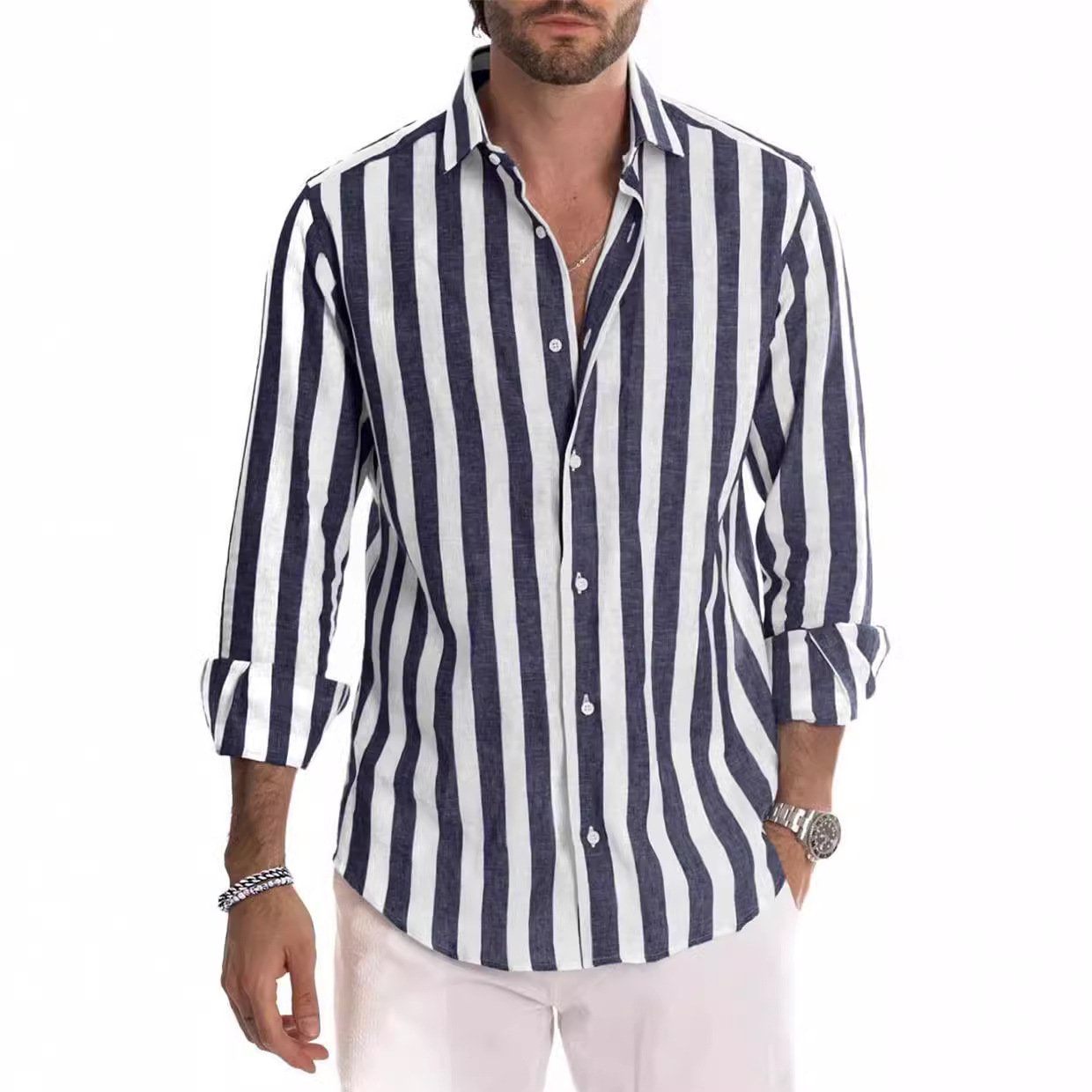 2023 cross-border Europe and the United States new Amazon AliExpress foreign trade long sleeve lapel striped shirt loose shirt men