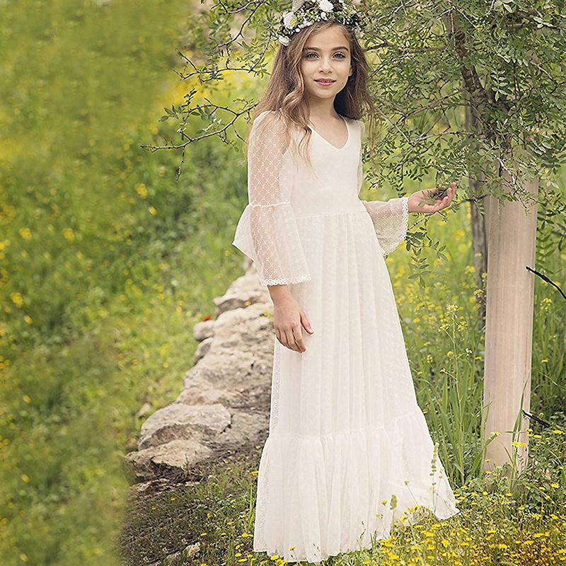 New European and American Cross-border Children's Wedding Dress Girls' Lace Long Sleeve Birthday Performance Simple Princess Long Dress