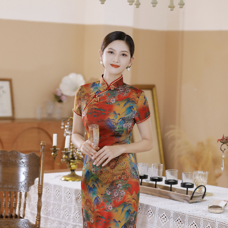 2024 summer and autumn new short sleeve long satin young Chinese style slimming cheongsam skirt plus size mother women's clothing wholesale