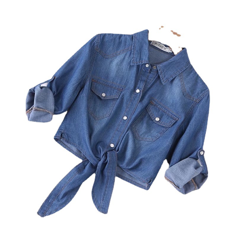 Lace-up knotted Denim shirt Women's Korean-style loose 2023 new spring and autumn thin Denim shawl in stock wholesale