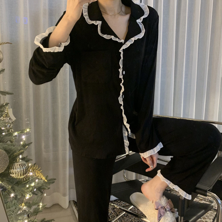 ins Cyber Celebrity Lace Long-sleeved Simple Black Spring and Autumn Long-sleeved Trousers Cardigan Pajamas Women's Sweet Loose Home Clothes