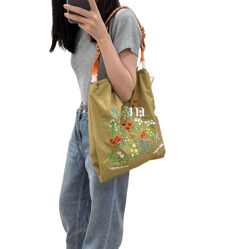 ボールチェーン日本式草花刺繍ショッピングバッグ携帯用軽量エコバッグレトロ手提げショルダーバッグ|undefined