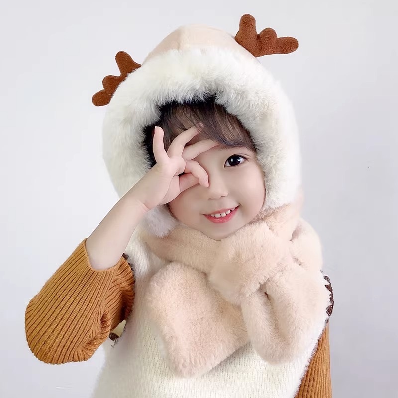 New baby antler hat autumn and winter children's scarf integrated fleece-lined girl boy cute super cute earmuffs hat