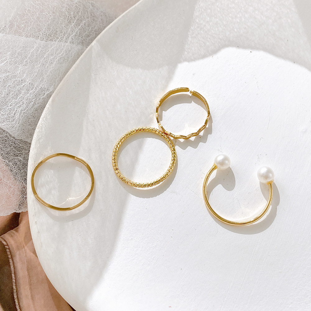 pearl ring ins cold style simple pearl wave twist joint ring suit four-piece set_voghion.com