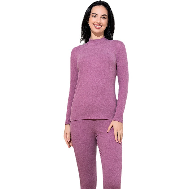 Mid-collar velvet thermal underwear set men's and women's double-sided brushed autumn pants bottom shirt semi-high collar thermal underwear