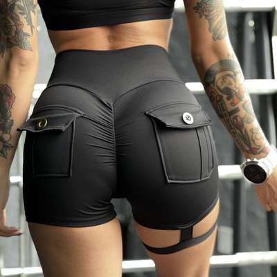 Cross-border European and American Workwear Pocket Shorts Women's Elasticated Leg Ring High Waist Sexy Summer Fitness Yoga Running