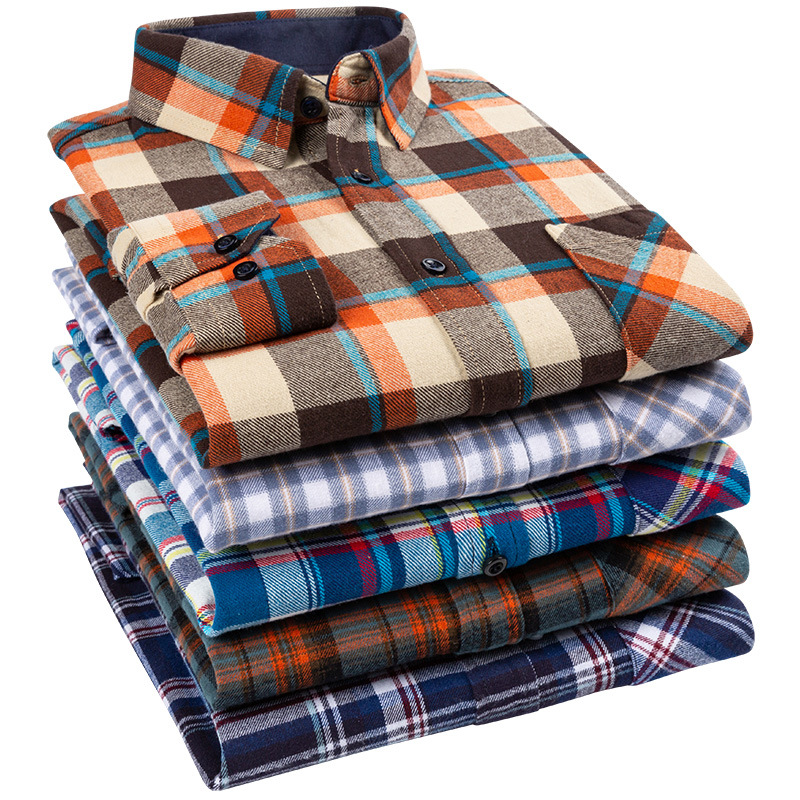 [Large Size] Men's Cotton Sanding Plaid Shirt Four Seasons Lapel Youth Plaid Casual Spot Cotton Shirt Batch