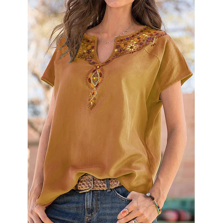 Independent Station Amazon Hot Selling 2022 Spring and Summer Cross-border Women's Clothing Loose Western Ethnic Style Top Short Sleeve T-shirt for Women
