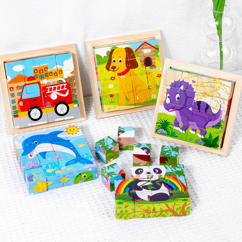 Wooden Six-face Painting Children's 3D Three-dimensional Building Blocks Puzzle Animal Traffic Dinosaur Cognitive Creative Building Blocks Toys