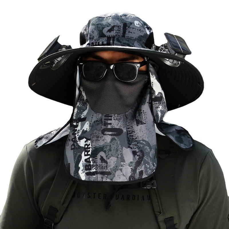 All-round sun protection big head circumference sun hat men's large size Fat Man big head fisherman hat summer double fan solar charging