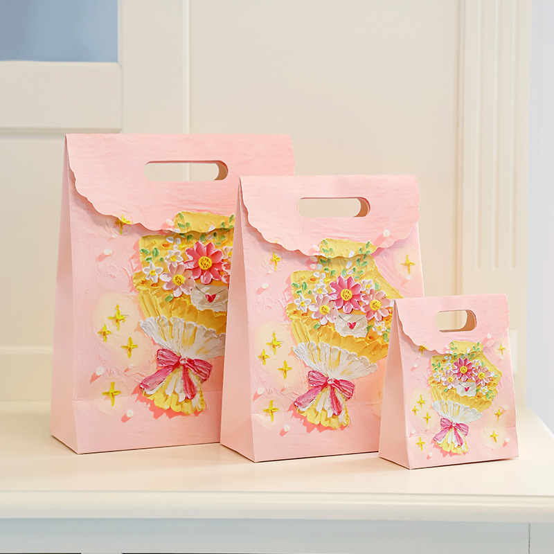 Ins Oil Painting Style Three-dimensional Gift Bag Jewelry Hair Accessories Handbag Holiday Birthday Handheld Gift Packaging Bag