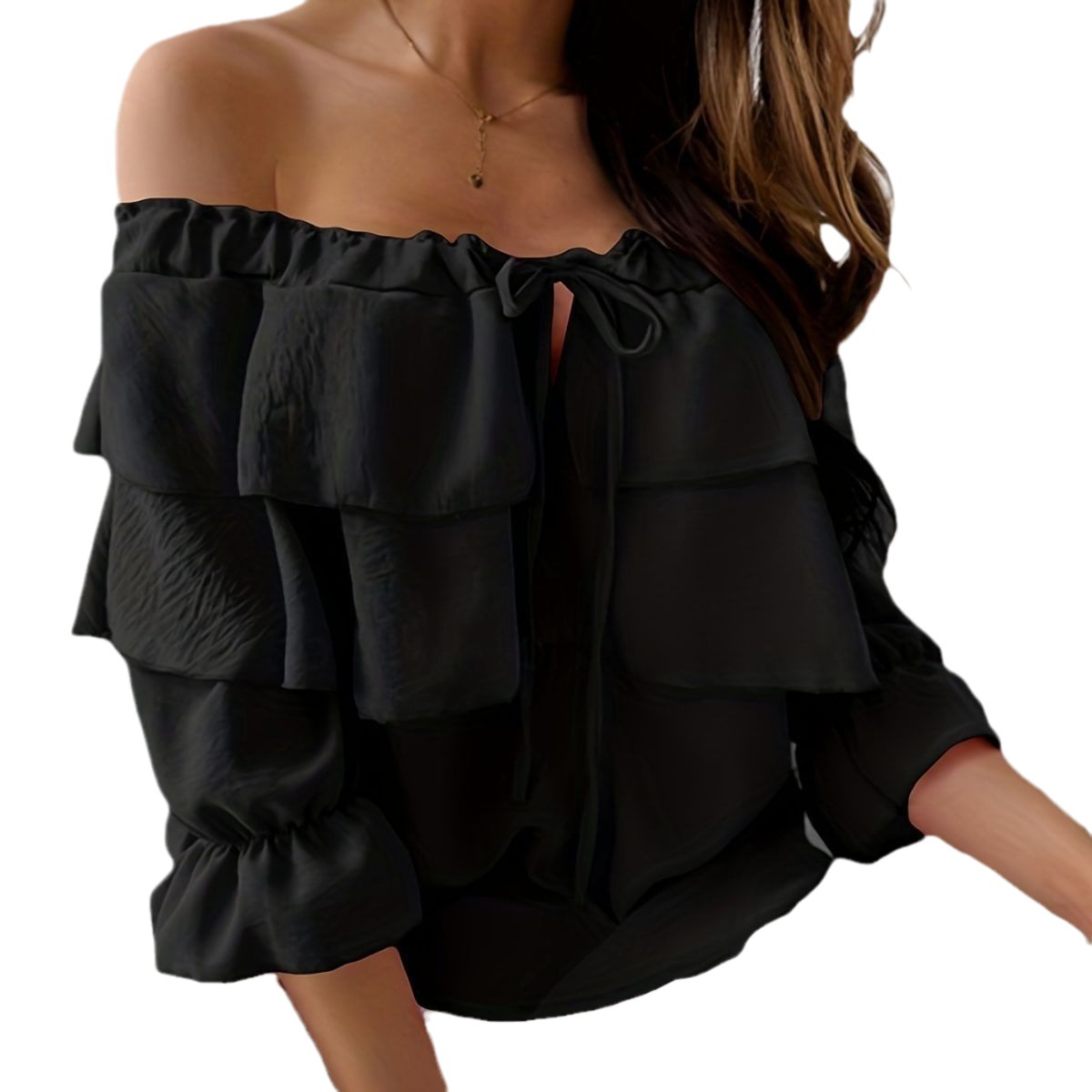 2023 Cross-border Collar Chiffon Shirt Women's Stretch Shoulder Lace-up Ruffled Top Women's Casual Loose Women's Wear