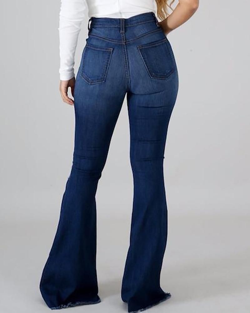 Cross-border foreign trade supply Amazon European and American Internet celebrity high elastic ripped jeans high waist flared trousers factory direct sales